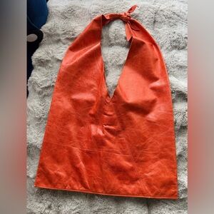 Vintage Vibrant Orange Leather Halter Style Purse